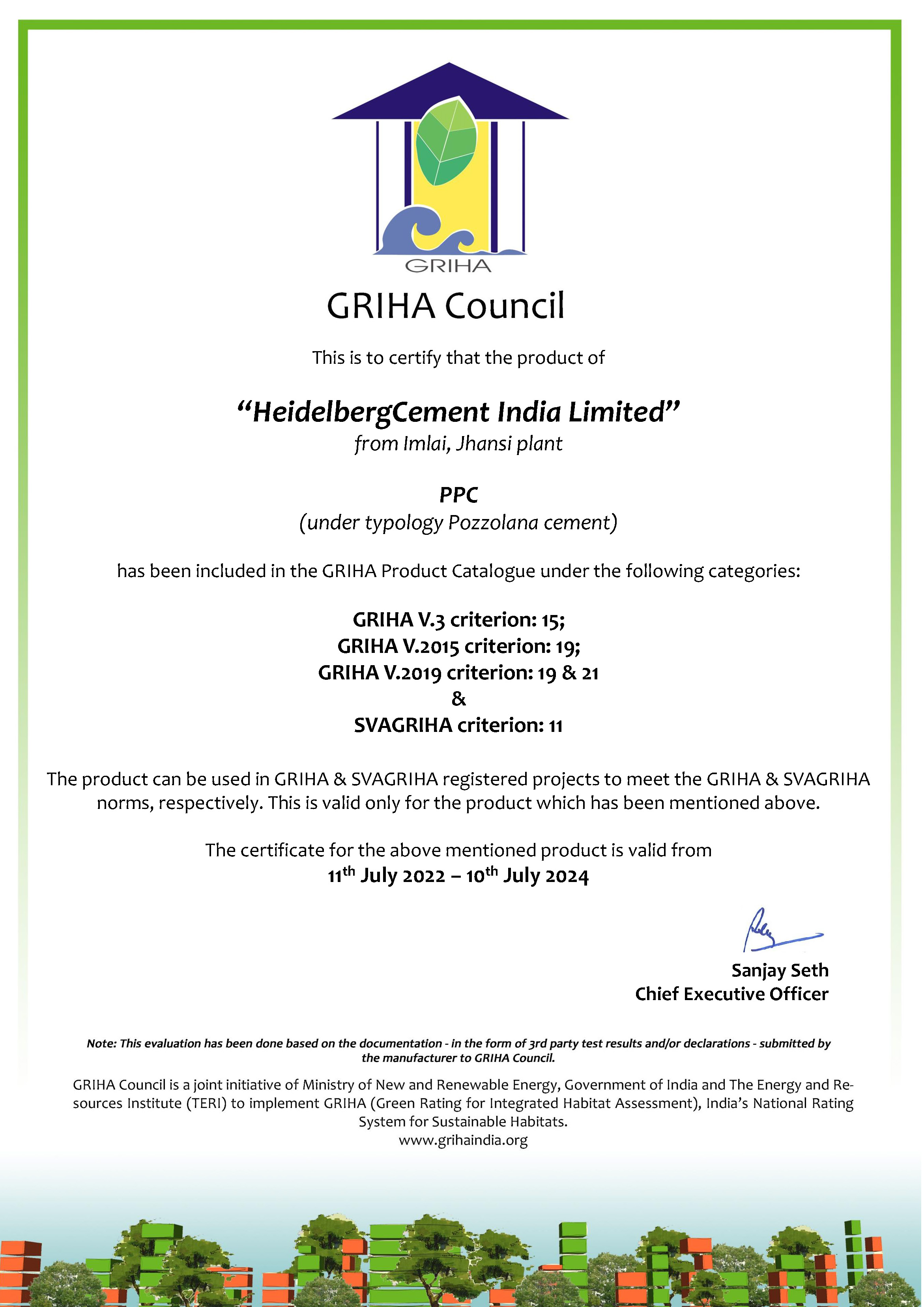 GRIHA Council certified HeidelbergCement PPC as Green Building Product